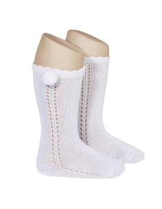 CALCETIN CALADO LATERAL Y  POMPÓN BLANCO