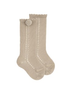 CALCETIN CALADO LATERAL Y POMPÓN COLOR LINO 