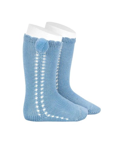 CALCETIN CALADO LATERAL Y POMPÓN COLOR AZULADO