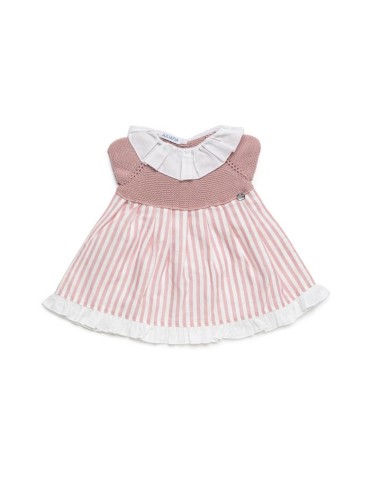 VESTIDO CUERPO PUNTO Y TELA RAYADA 50  ALG 50 LINO