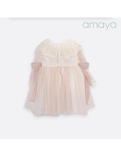 VESTIDO TUL ROSA CRUCE ENCAJE SIN MANGA