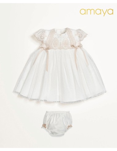 VESTIDO  ENCAJE TOSTADO CON CUBREPAÑAL