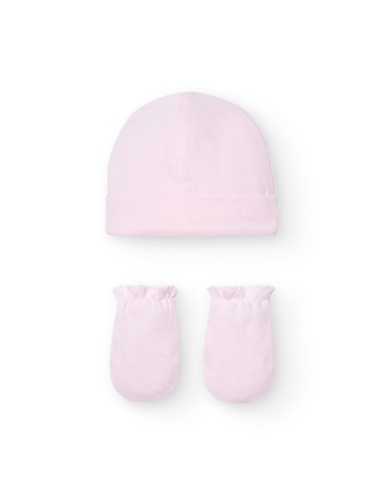 SET GORRO Y MANOPLAS 100  ALGODON ROSA